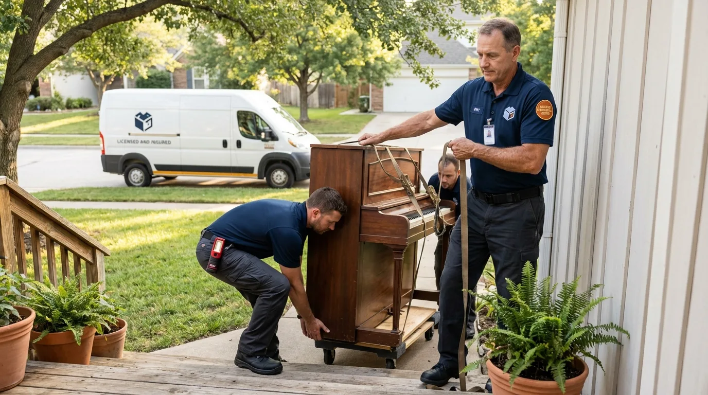 Licensed piano movers securing grand piano in Ironton, MO