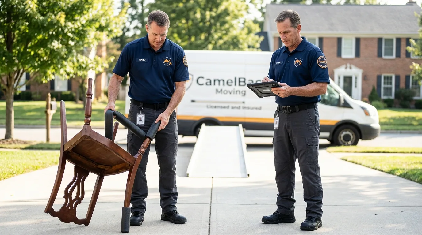 Movers inspecting furniture for damage prevention before loading in Ironton, MO