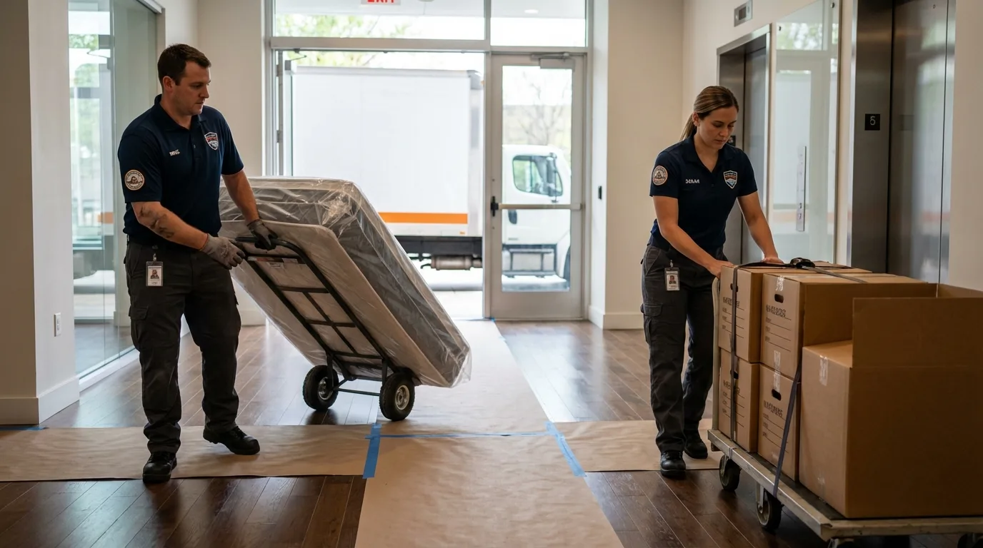 Professional apartment movers loading elevator in Ironton, MO
