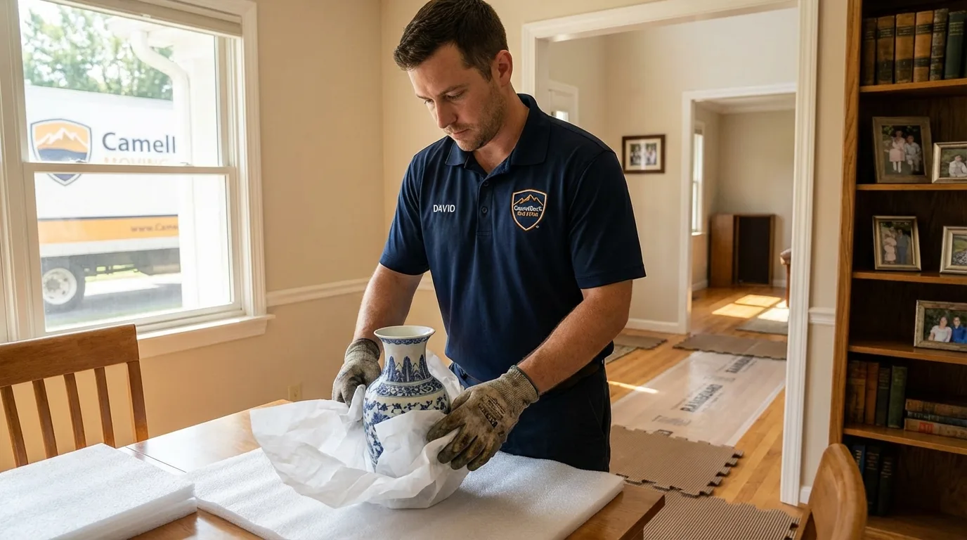 Professional crew carefully wrapping antique vase for senior downsizing move in Ironton, MO